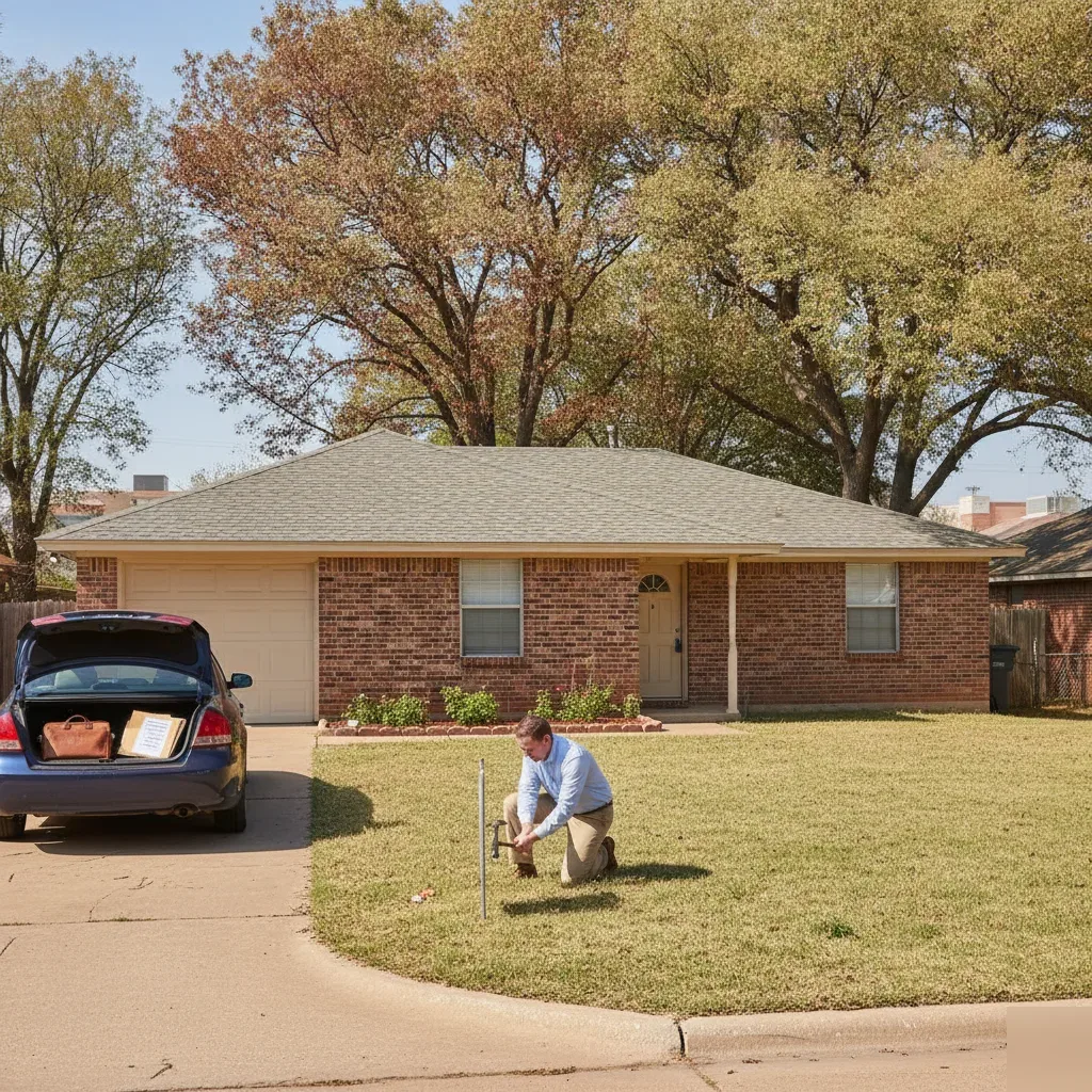 Flat fee agent installing yard sign at Oklahoma City home near Silver Springs Pointe Shopping