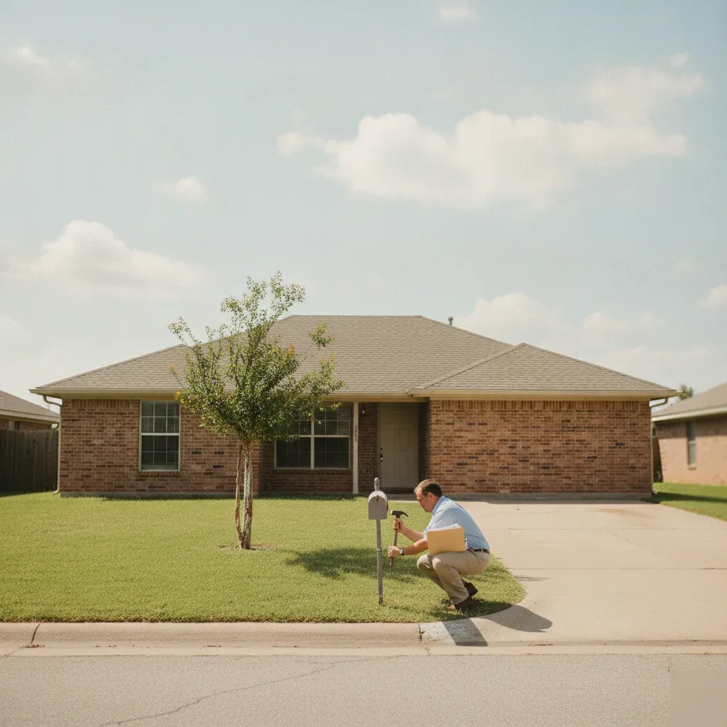 Agent installing flat fee listing sign at brick ranch home near Northridge Elementary Oklahoma City