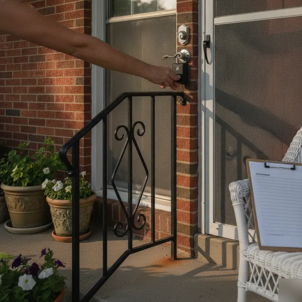 Agent attaching lockbox to brick home door near Silver Springs Pointe Shopping in Oklahoma City