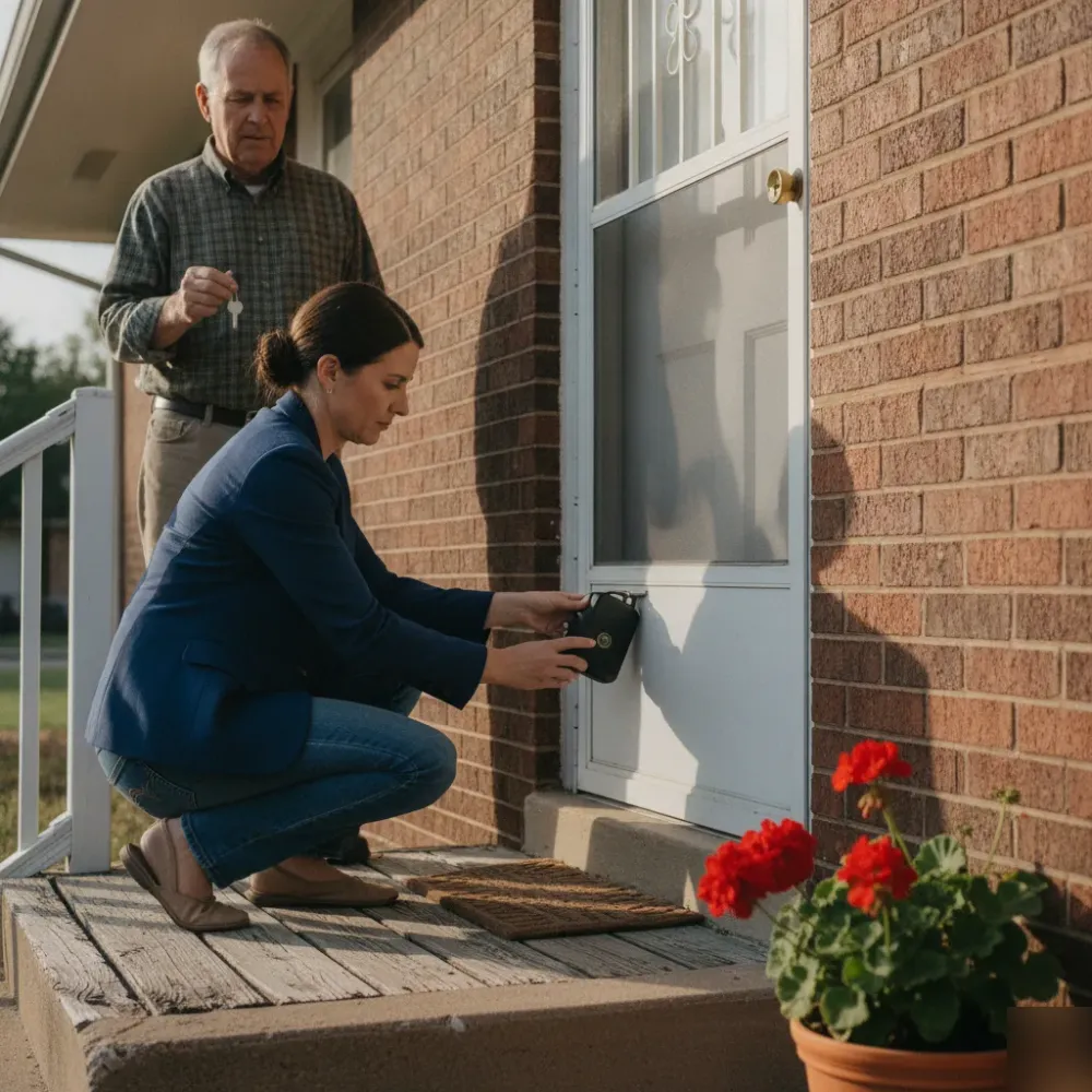 Agent attaching lockbox at brick home entry near Northridge Elementary Oklahoma City